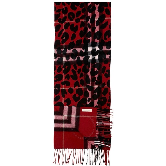 Limited Edition Burberry Animal Print Check Cashmere Scarf Beautiful Red New - Picture 2 of 4